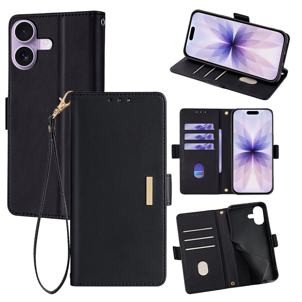 For iPhone 17 Case RFID Blocking Wallet PU Leather Phone Cover with Wrist Strap - Black