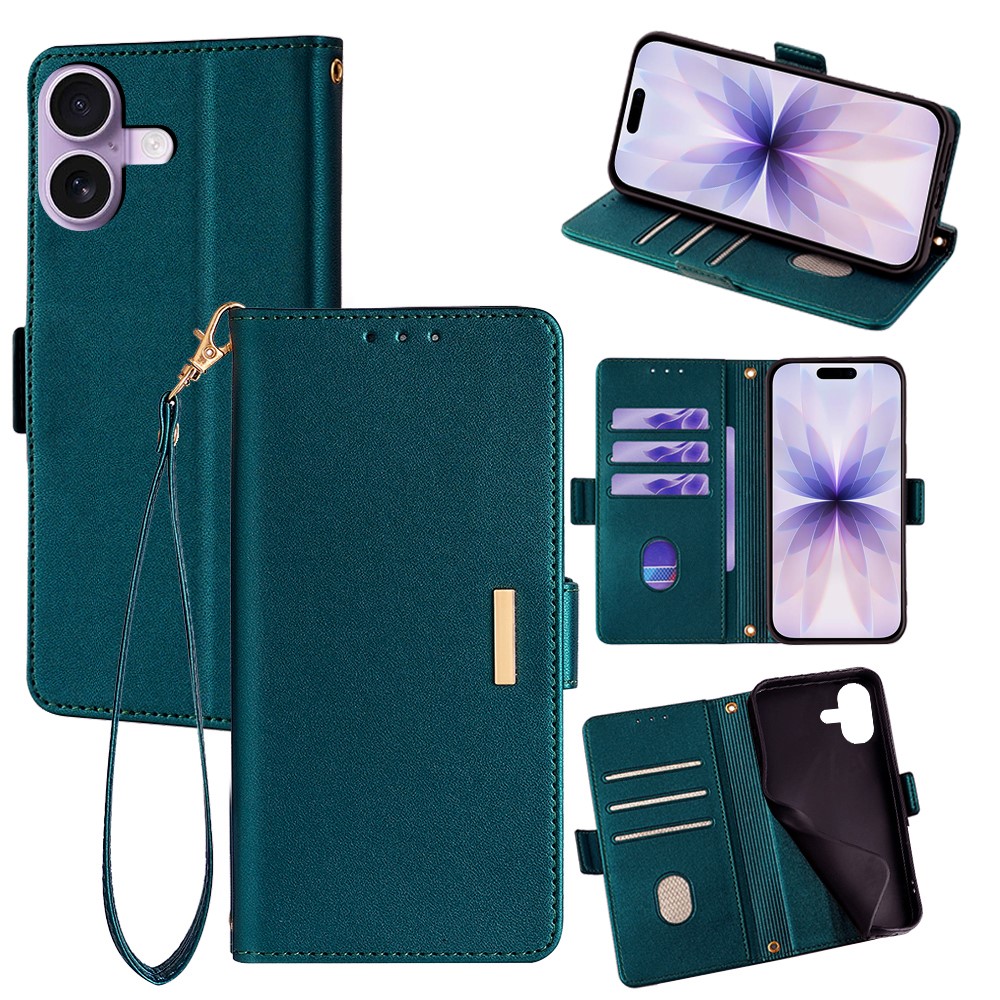 For iPhone 17 Case RFID Blocking Wallet PU Leather Phone Cover with Wrist Strap - Green