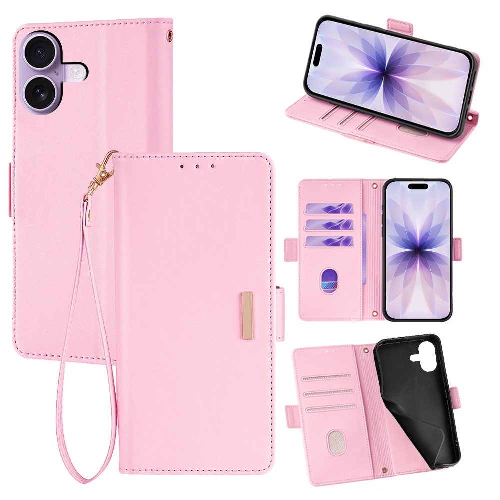 For iPhone 17 Case RFID Blocking Wallet PU Leather Phone Cover with Wrist Strap - Pink