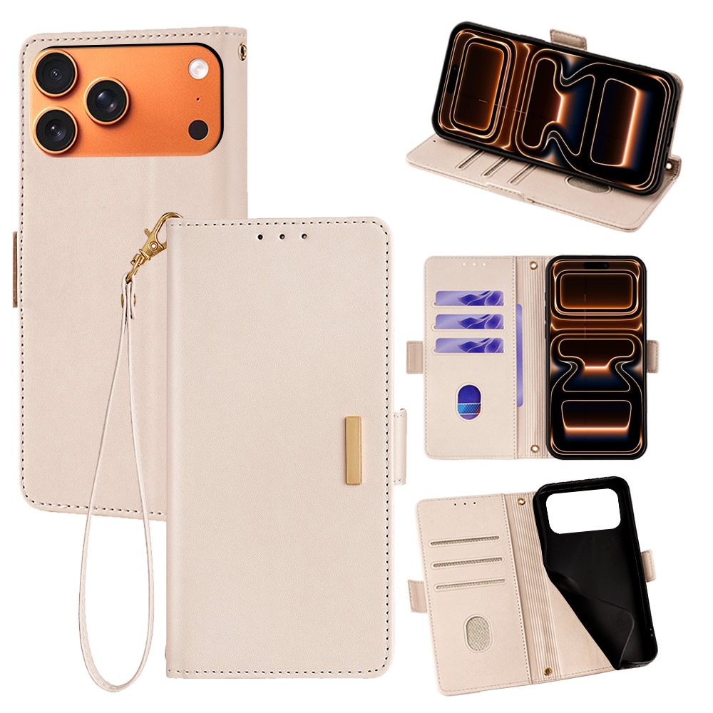 For iPhone 17 Pro Max Case RFID Blocking Wallet PU Leather Phone Cover with Wrist Strap - White