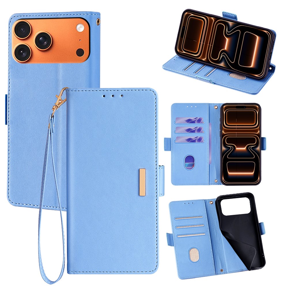 For iPhone 17 Pro Max Case RFID Blocking Wallet PU Leather Phone Cover with Wrist Strap - Blue
