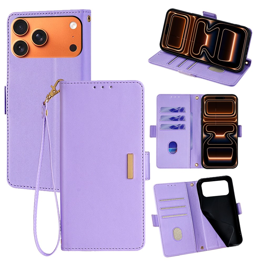 For iPhone 17 Pro Max Case RFID Blocking Wallet PU Leather Phone Cover with Wrist Strap - Purple