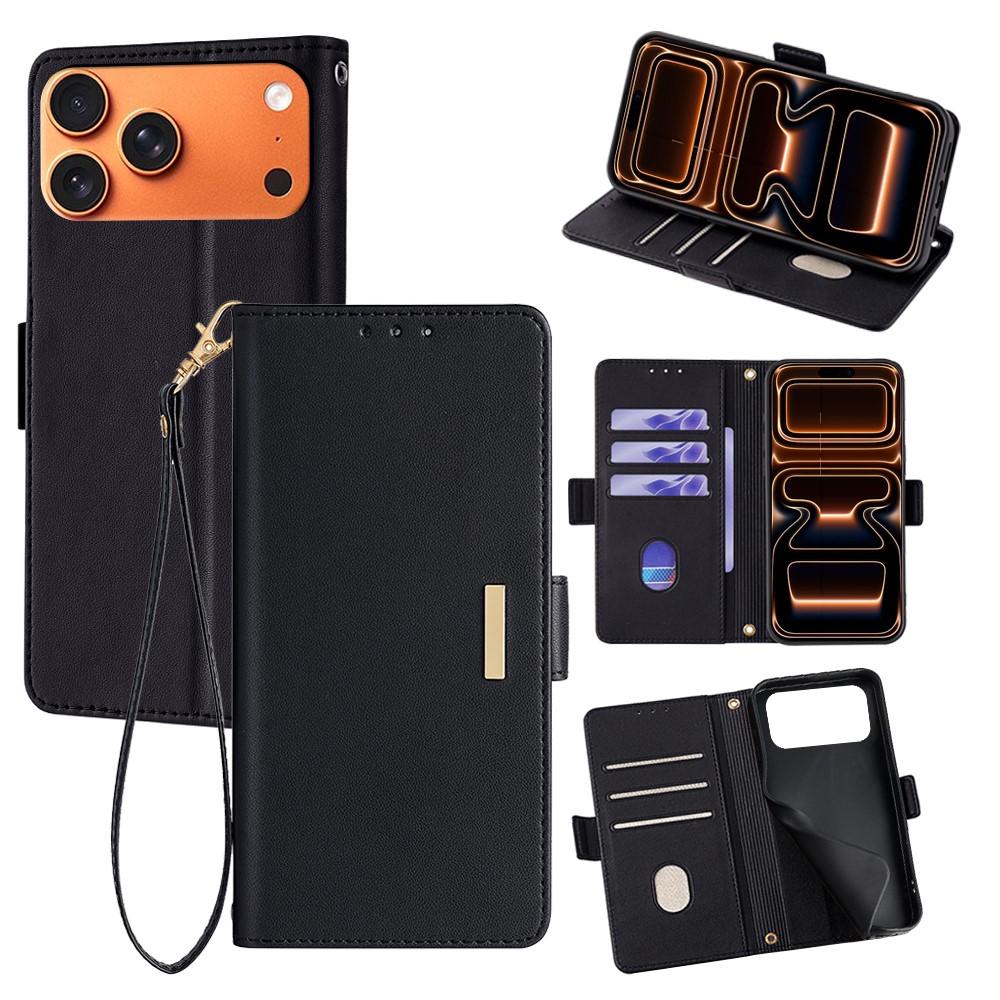 For iPhone 17 Pro Max Case RFID Blocking Wallet PU Leather Phone Cover with Wrist Strap - Black