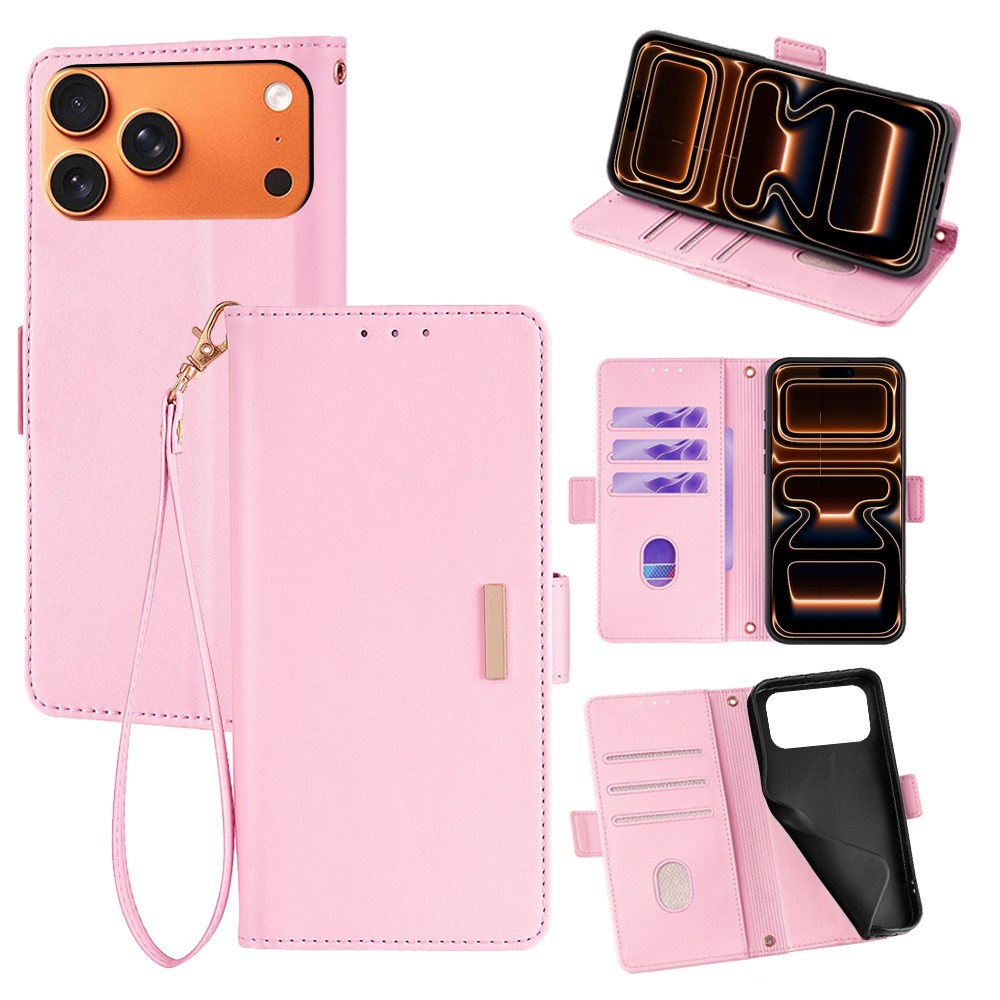 For iPhone 17 Pro Max Case RFID Blocking Wallet PU Leather Phone Cover with Wrist Strap - Pink