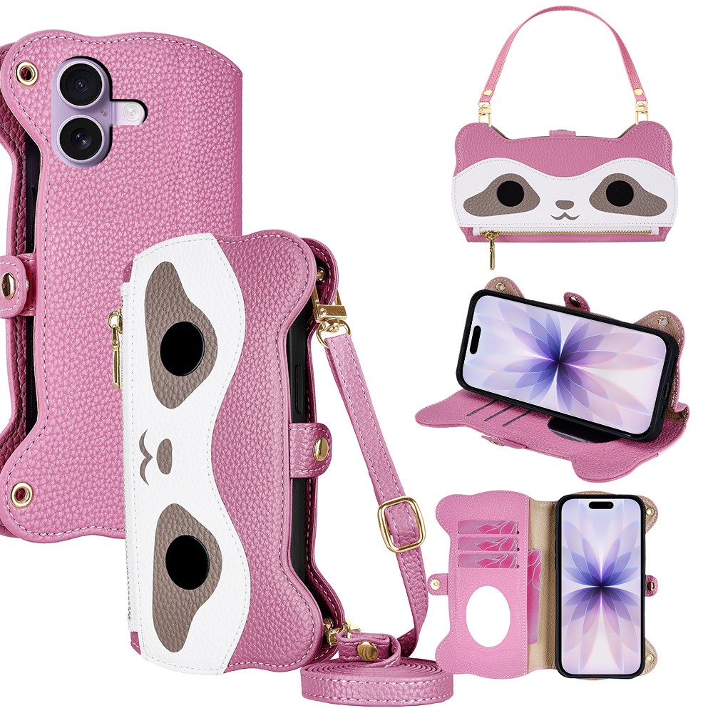 For iPhone 17 Case Makeup Mirror Wallet Cute Raccoon Leather Phone Cover with Wrist / Shoulder Strap - Pink