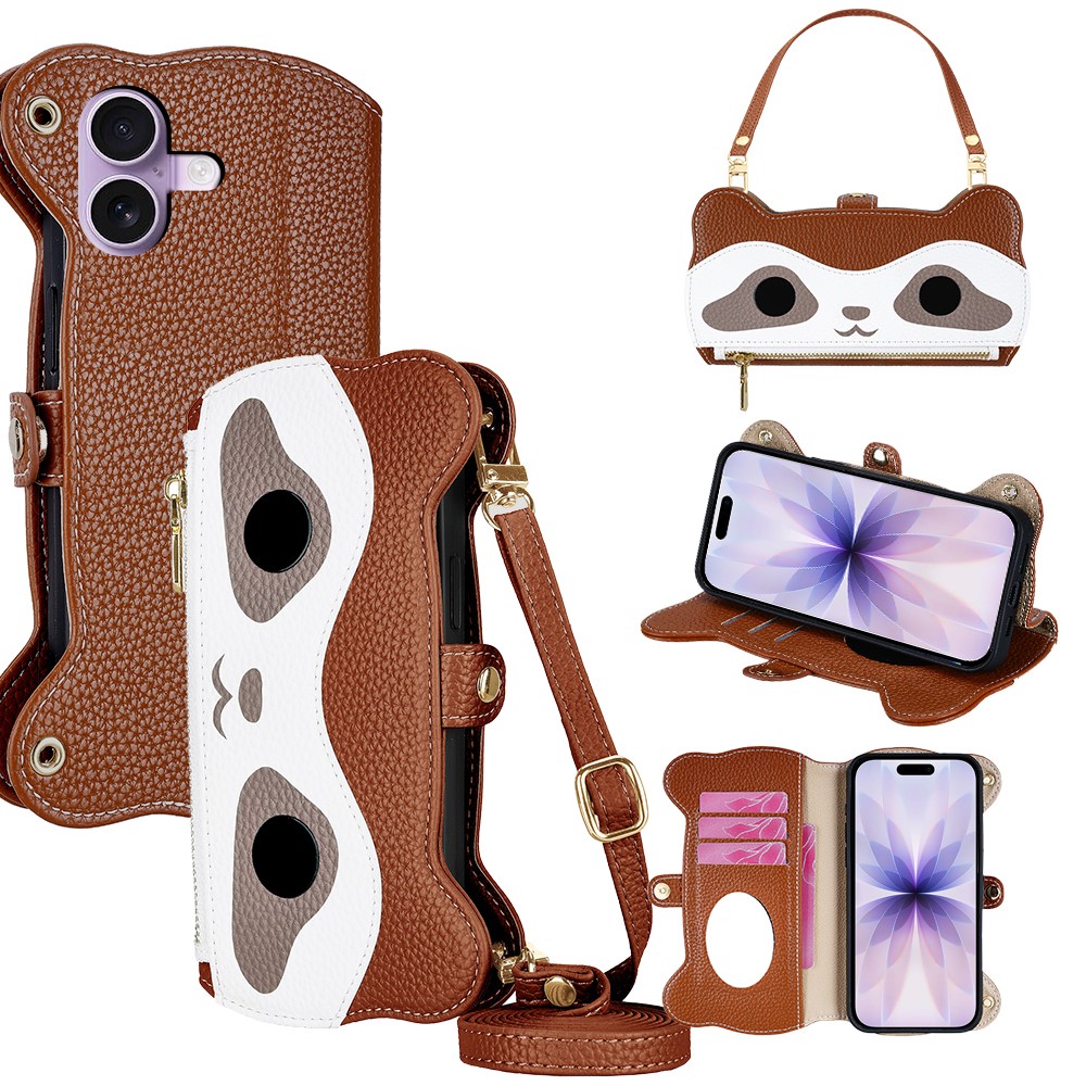 For iPhone 17 Case Makeup Mirror Wallet Cute Raccoon Leather Phone Cover with Wrist / Shoulder Strap - Brown