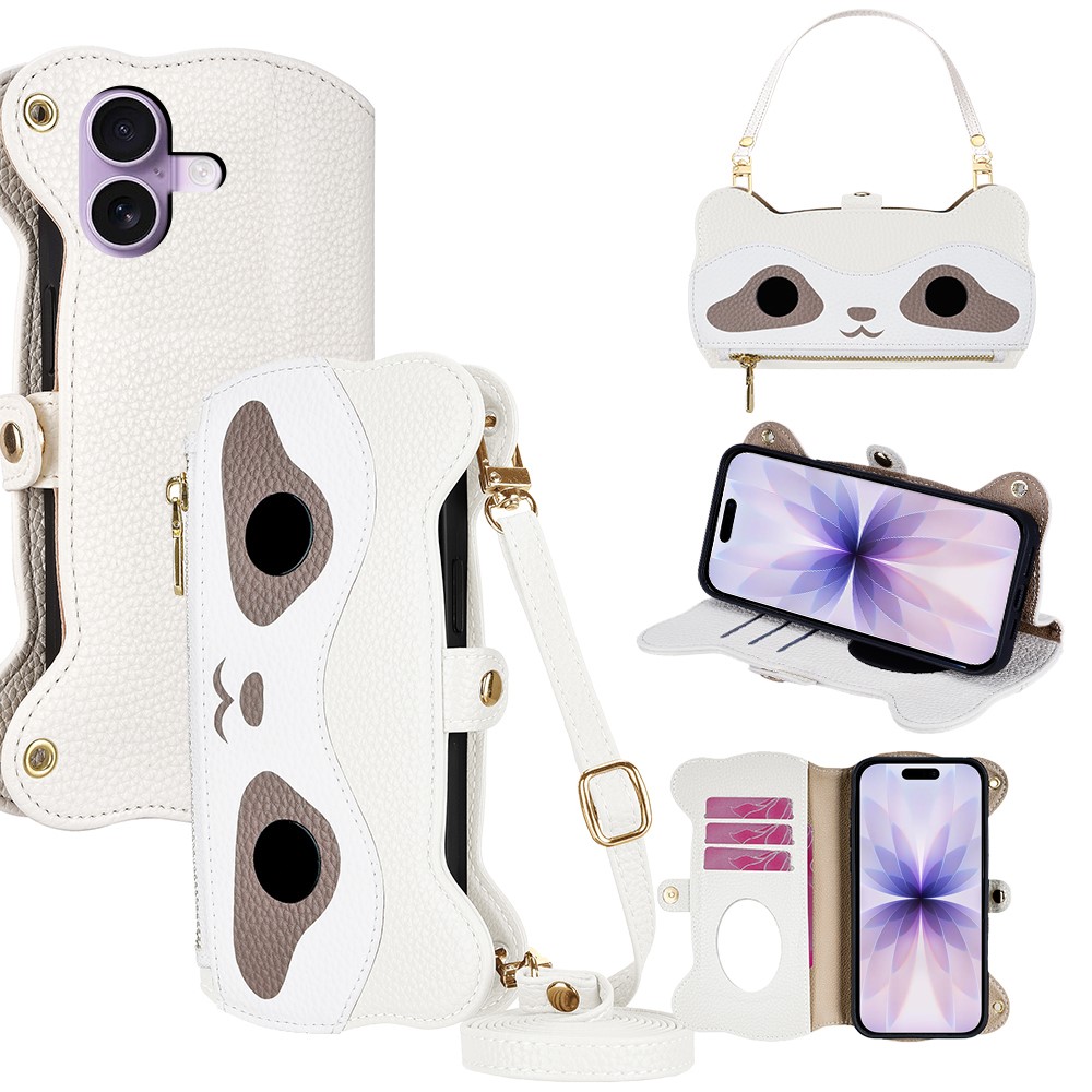 For iPhone 17 Case Makeup Mirror Wallet Cute Raccoon Leather Phone Cover with Wrist / Shoulder Strap - White