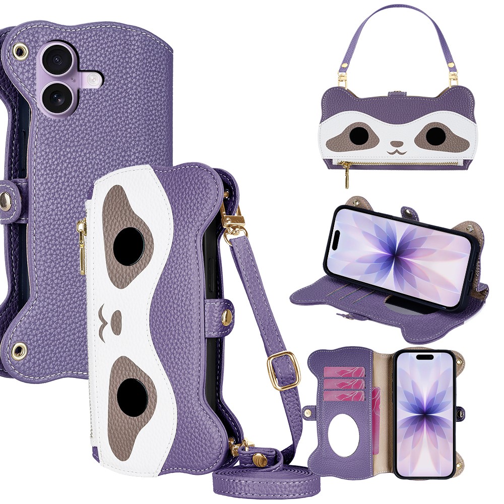 For iPhone 17 Case Makeup Mirror Wallet Cute Raccoon Leather Phone Cover with Wrist / Shoulder Strap - Purple