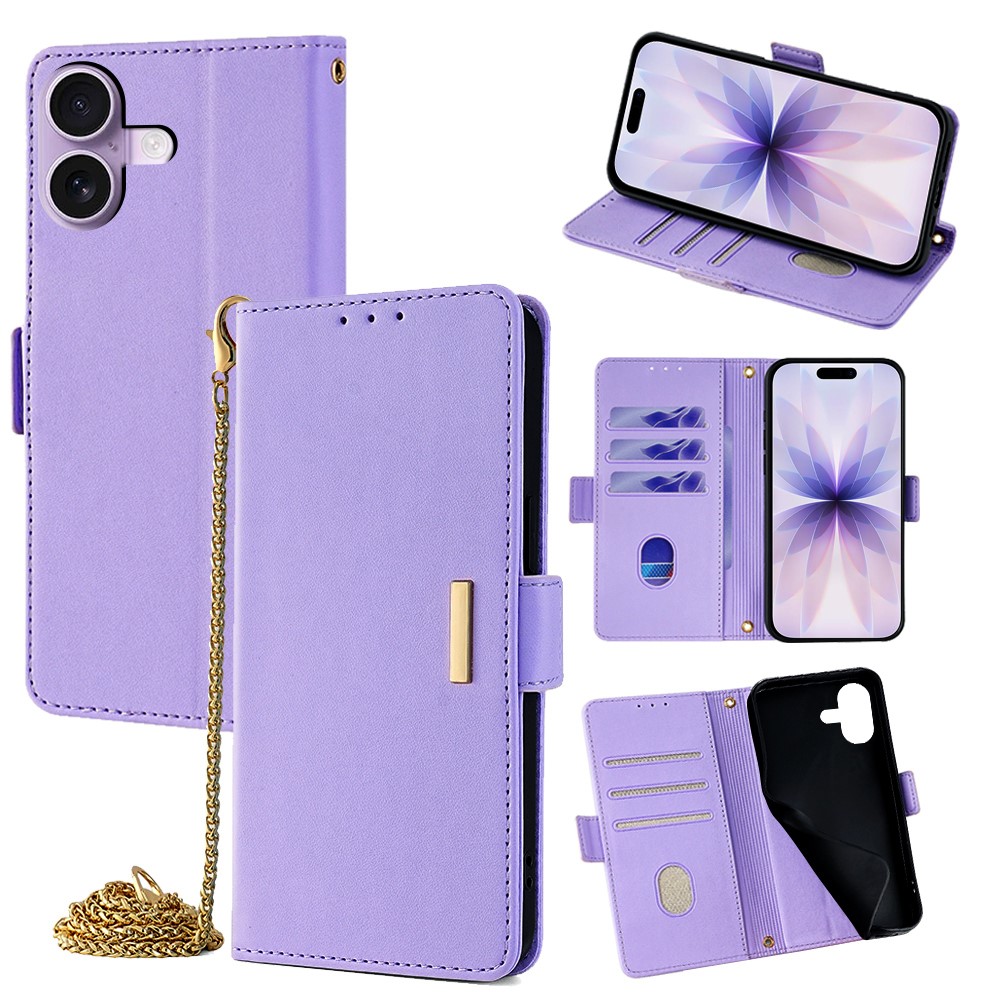 For iPhone 17 Case PU Leather Wallet Stand Phone Cover with Crossbody Shoulder Strap - Purple
