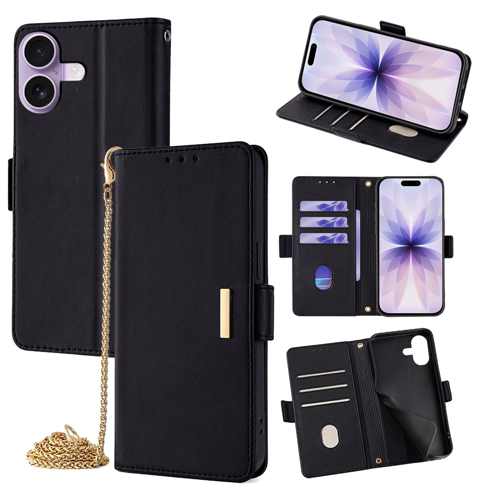 For iPhone 17 Case PU Leather Wallet Stand Phone Cover with Crossbody Shoulder Strap - Black