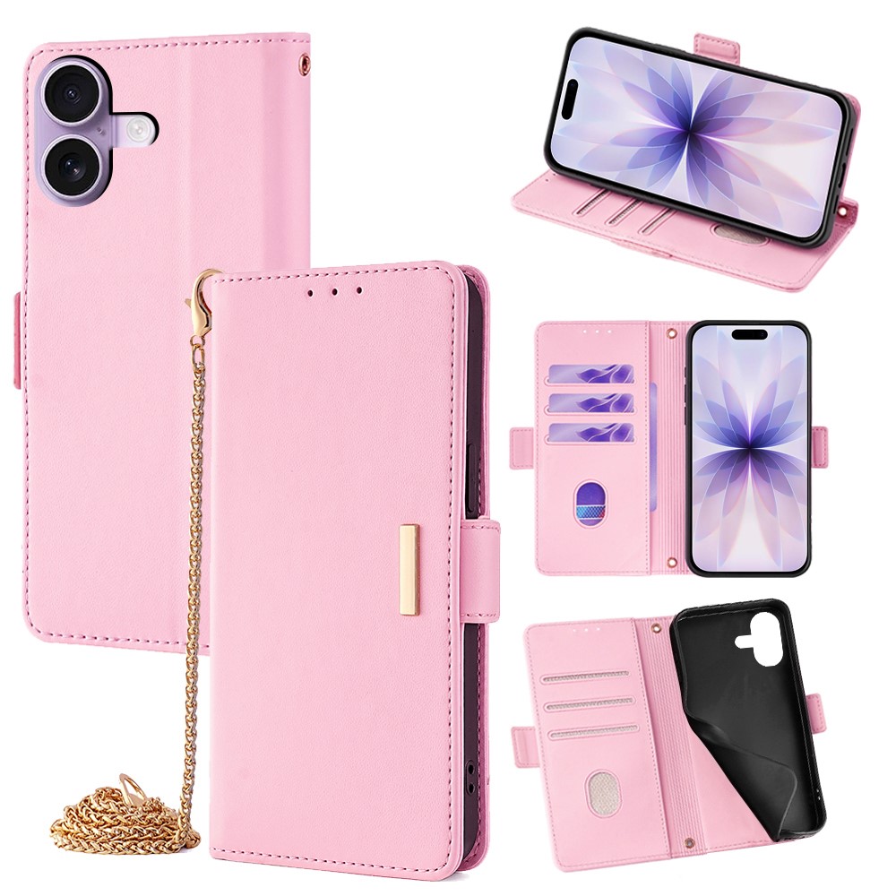 For iPhone 17 Case PU Leather Wallet Stand Phone Cover with Crossbody Shoulder Strap - Pink