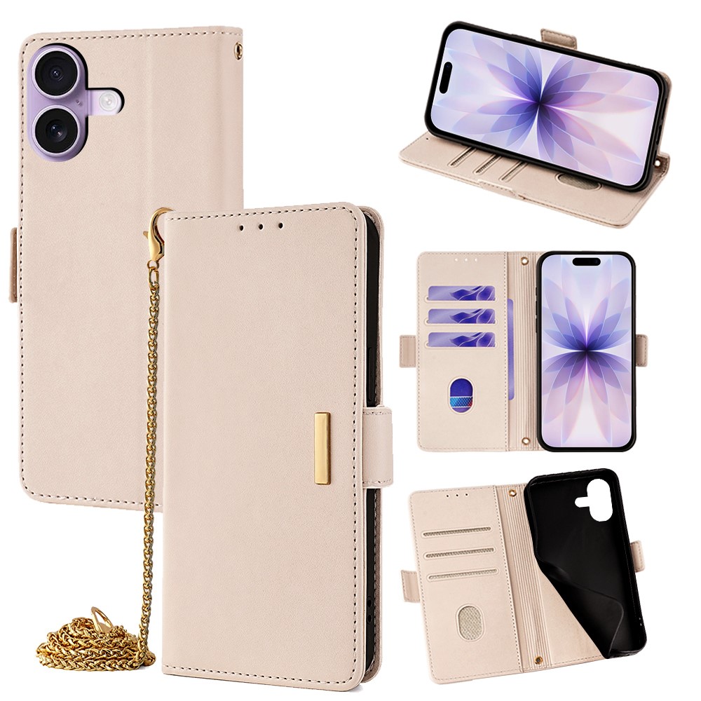 For iPhone 17 Case PU Leather Wallet Stand Phone Cover with Crossbody Shoulder Strap - White