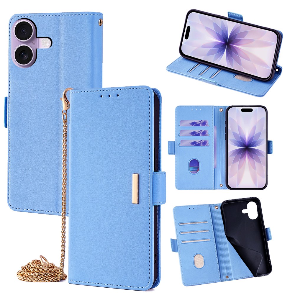 For iPhone 17 Case PU Leather Wallet Stand Phone Cover with Crossbody Shoulder Strap - Blue