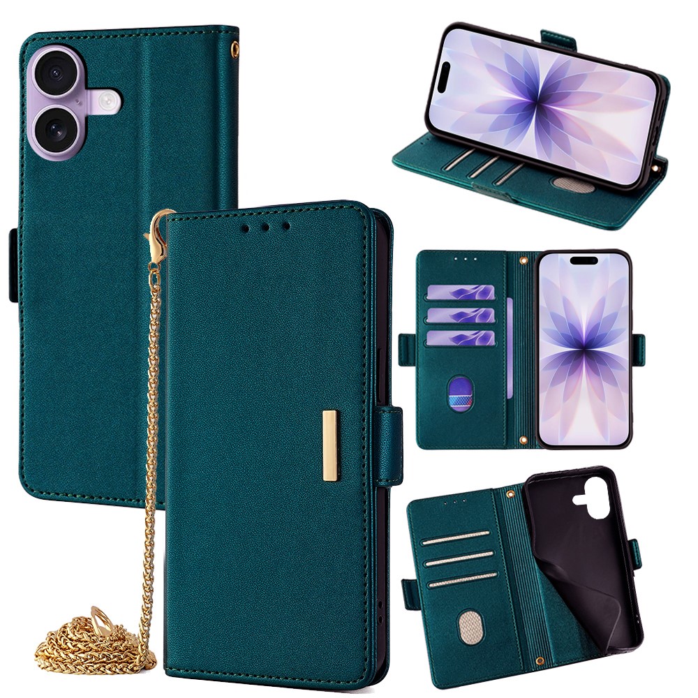 For iPhone 17 Case PU Leather Wallet Stand Phone Cover with Crossbody Shoulder Strap - Green