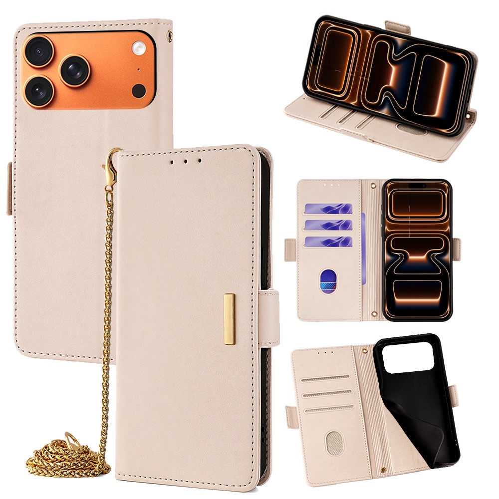 For iPhone 17 Pro Max Case PU Leather Wallet Stand Phone Cover with Crossbody Shoulder Strap - White
