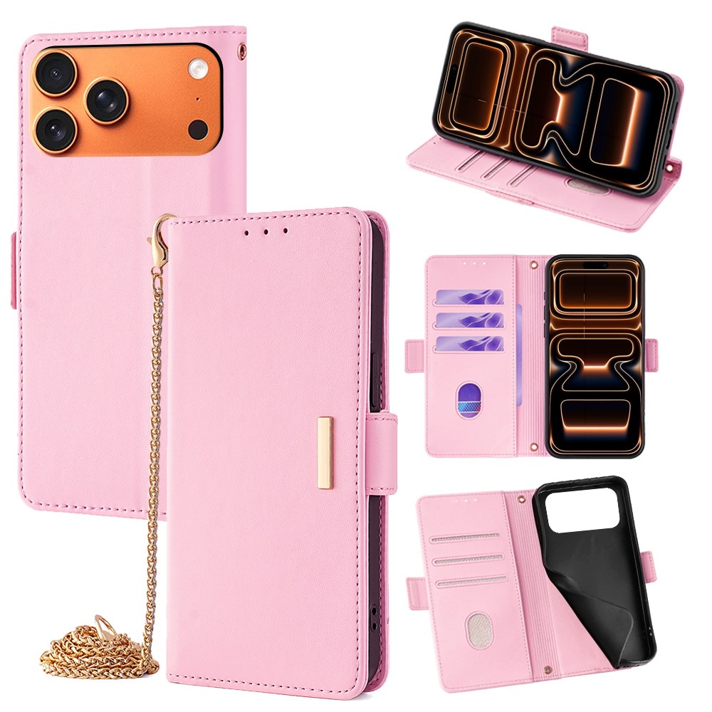 For iPhone 17 Pro Max Case PU Leather Wallet Stand Phone Cover with Crossbody Shoulder Strap - Pink