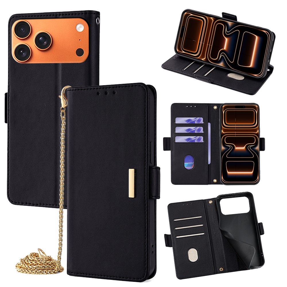 For iPhone 17 Pro Max Case PU Leather Wallet Stand Phone Cover with Crossbody Shoulder Strap - Black