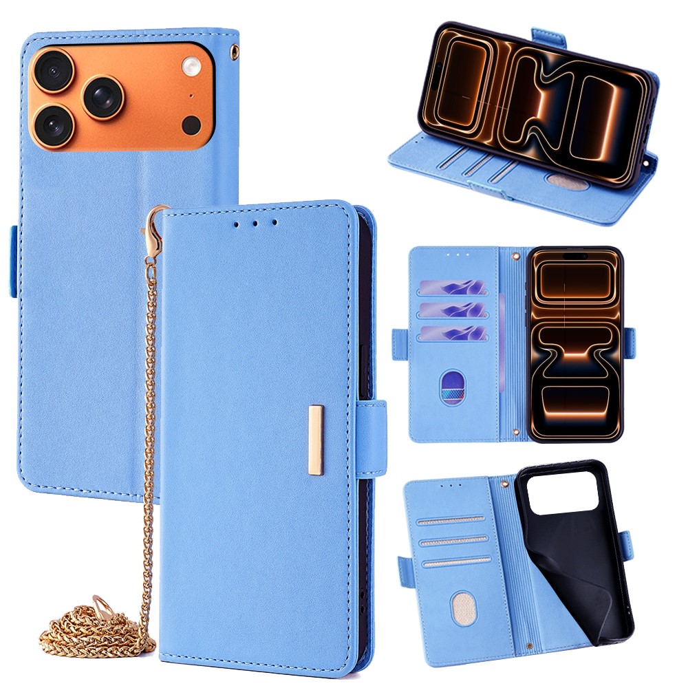 For iPhone 17 Pro Max Case PU Leather Wallet Stand Phone Cover with Crossbody Shoulder Strap - Blue