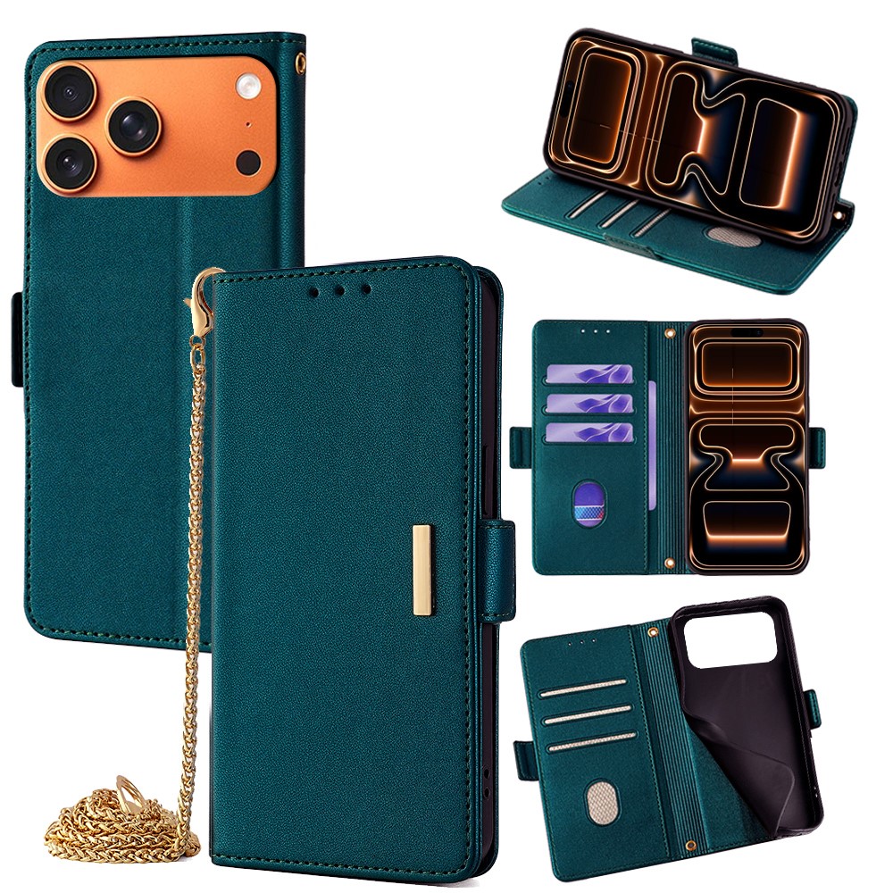 For iPhone 17 Pro Max Case PU Leather Wallet Stand Phone Cover with Crossbody Shoulder Strap - Green