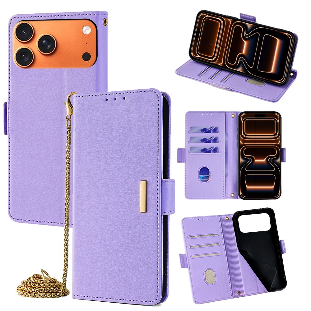 For iPhone 17 Pro Max Case PU Leather Wallet Stand Phone Cover with Crossbody Shoulder Strap - Purple