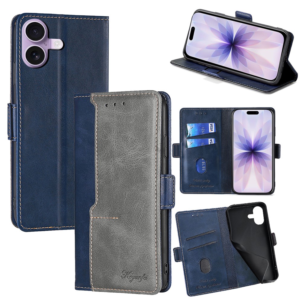For iPhone 17 Case Contrast Color Wallet Leather Phone Cover - Blue + Grey