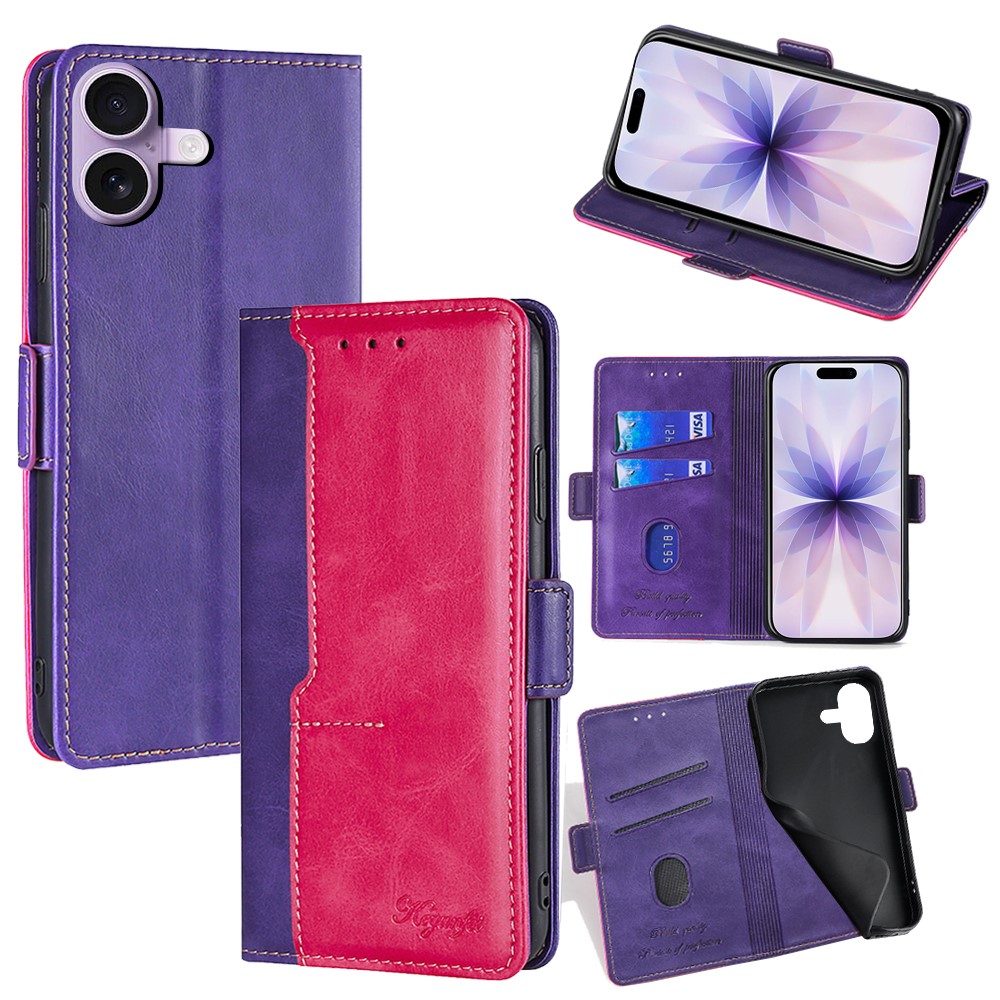 For iPhone 17 Case Contrast Color Wallet Leather Phone Cover - Rose + Purple