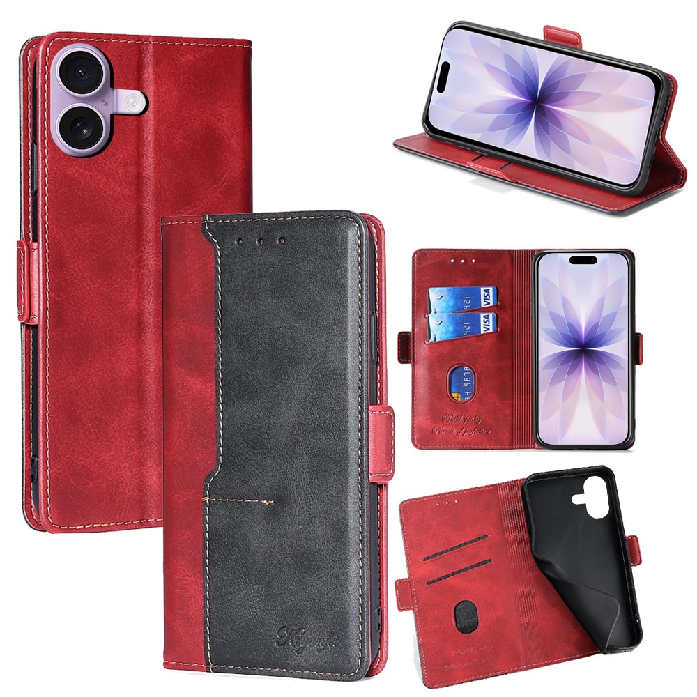 For iPhone 17 Case Contrast Color Wallet Leather Phone Cover - Black + Red