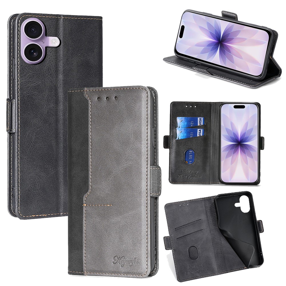 For iPhone 17 Case Contrast Color Wallet Leather Phone Cover - Black + Grey