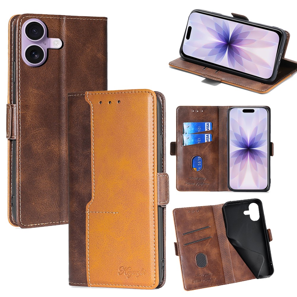 For iPhone 17 Case Contrast Color Wallet Leather Phone Cover - Dark Brown + Gold