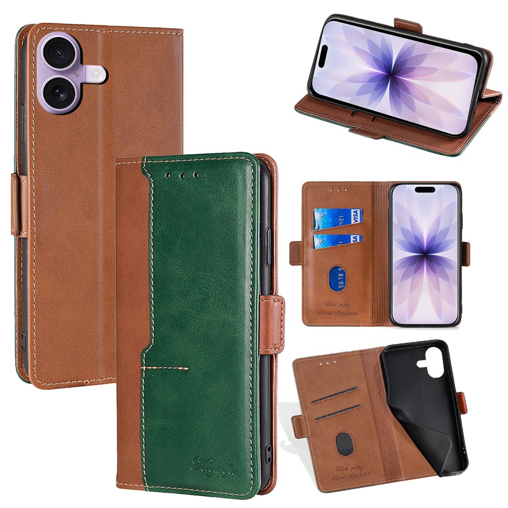 For iPhone 17 Case Contrast Color Wallet Leather Phone Cover - Light Brown + Green