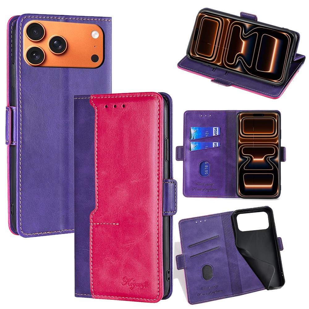 For iPhone 17 Pro Max Case Contrast Color Wallet Leather Phone Cover - Rose + Purple