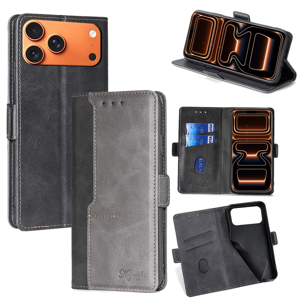 For iPhone 17 Pro Max Case Contrast Color Wallet Leather Phone Cover - Black + Grey