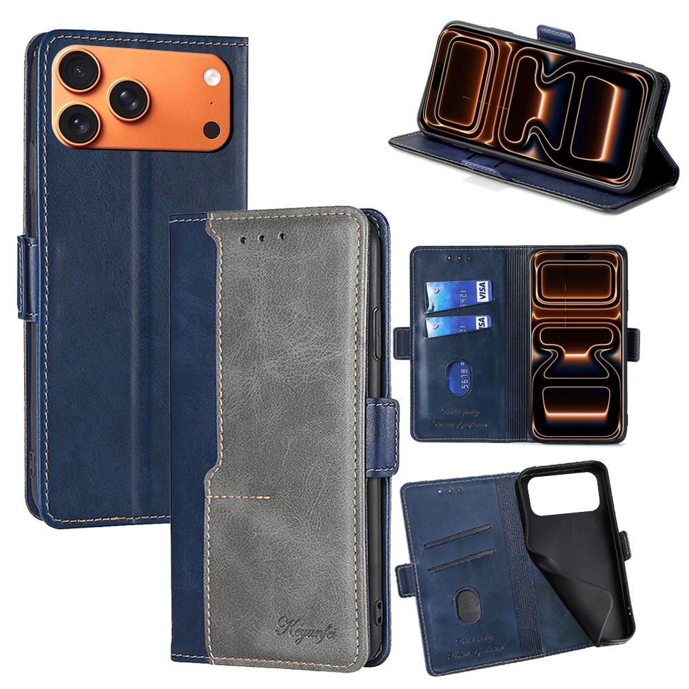 For iPhone 17 Pro Max Case Contrast Color Wallet Leather Phone Cover - Blue + Grey