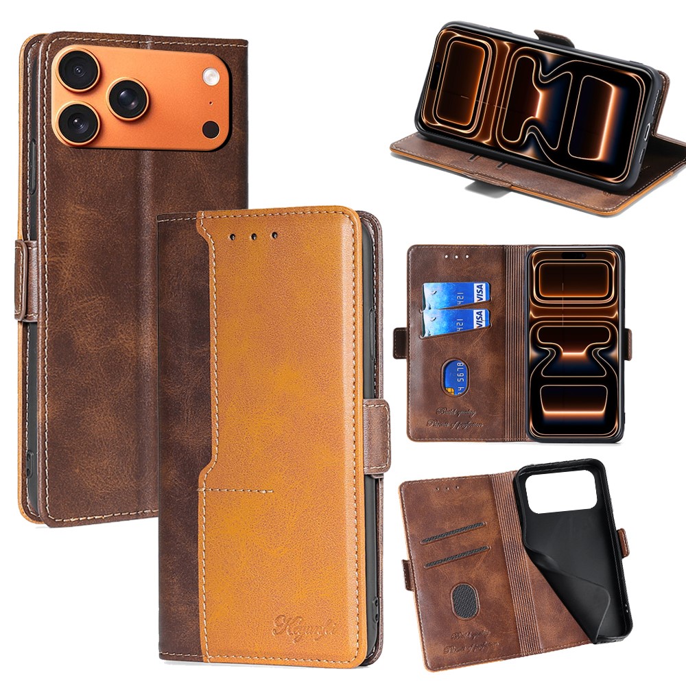 For iPhone 17 Pro Max Case Contrast Color Wallet Leather Phone Cover - Dark Brown + Gold