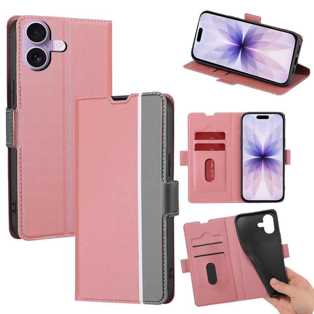For iPhone 17 Case Card Holder Twill Texture Leather Phone Cover - Pink