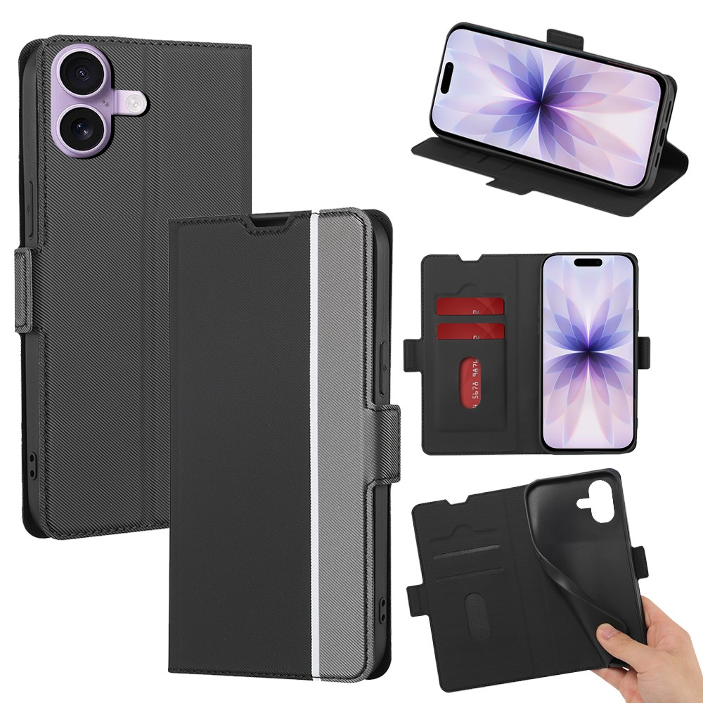 For iPhone 17 Case Card Holder Twill Texture Leather Phone Cover - Black