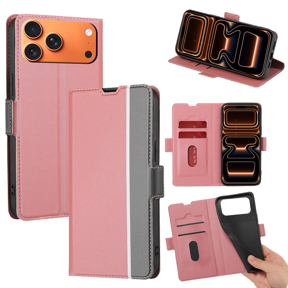 For iPhone 17 Pro Max Case Card Holder Twill Texture Leather Phone Cover - Pink