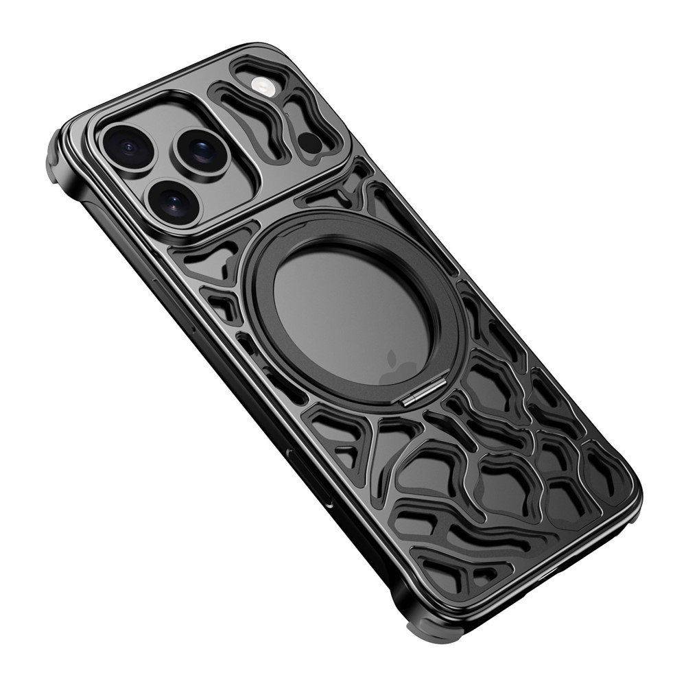 For iPhone 17 Pro Max Bumper Case Alloy Metal Borderless Back Cover with Magnetic Kickstand - Black