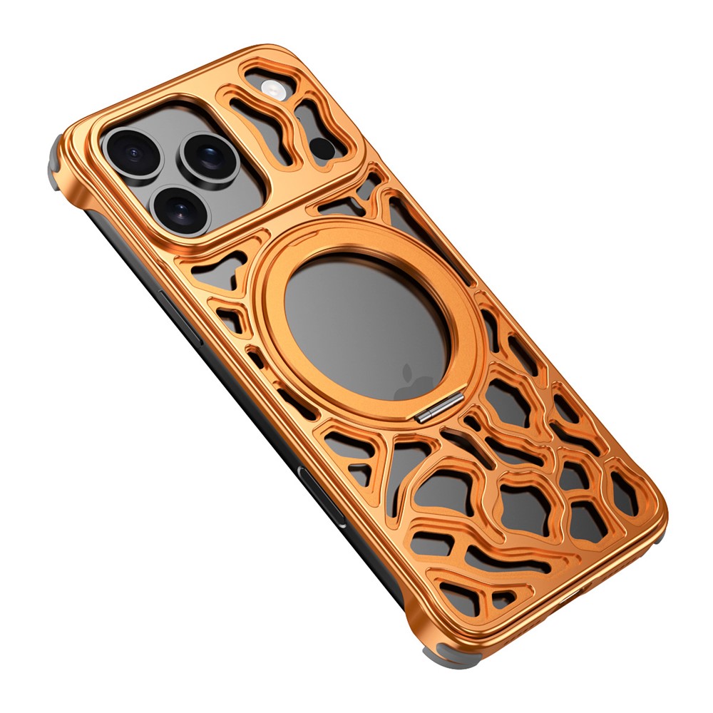 For iPhone 17 Pro Max Bumper Case Alloy Metal Borderless Back Cover with Magnetic Kickstand - Orange