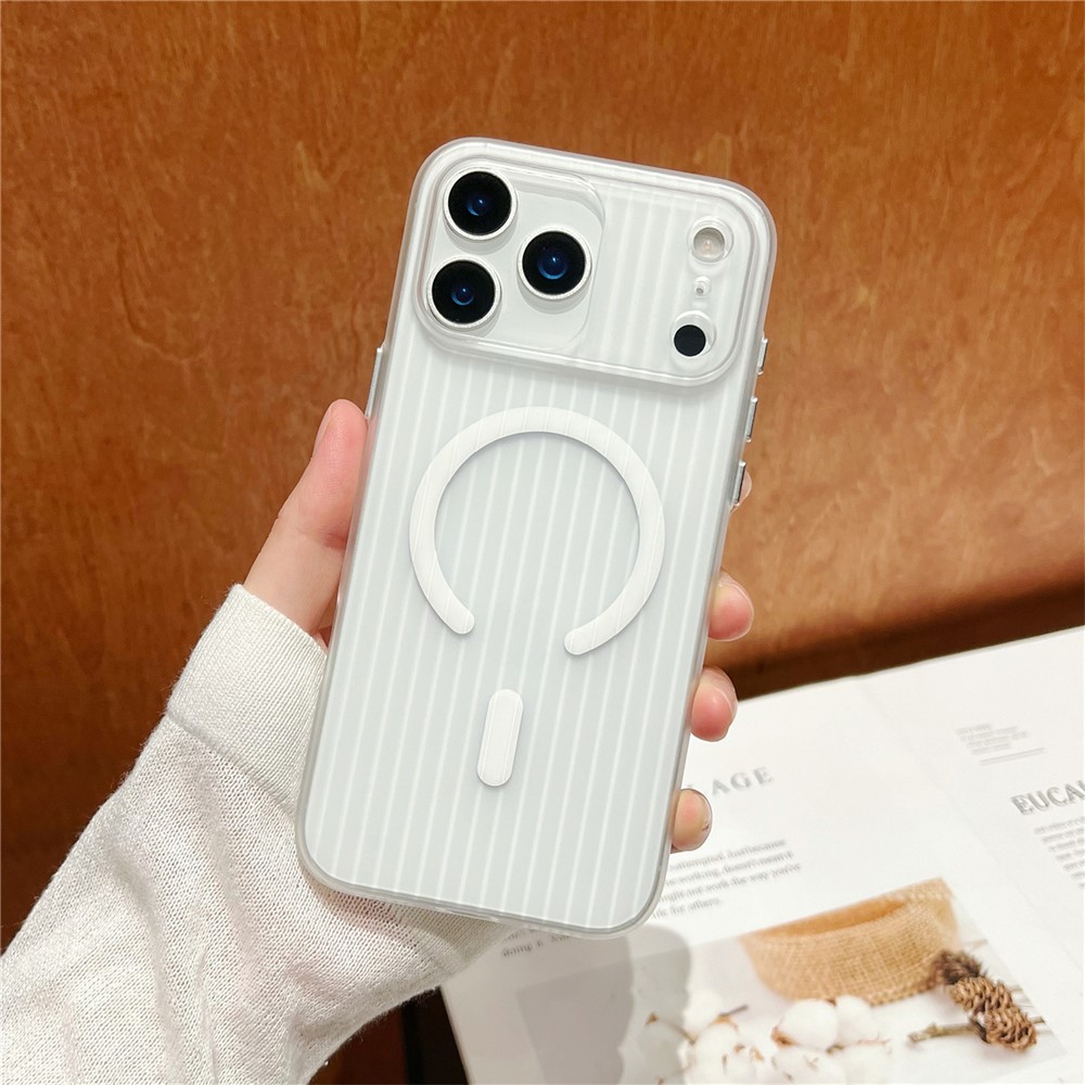 For iPhone 17 Pro Max Case Compatible with MagSafe Corrugated Texture Hard PC Phone Cover - Transparent White