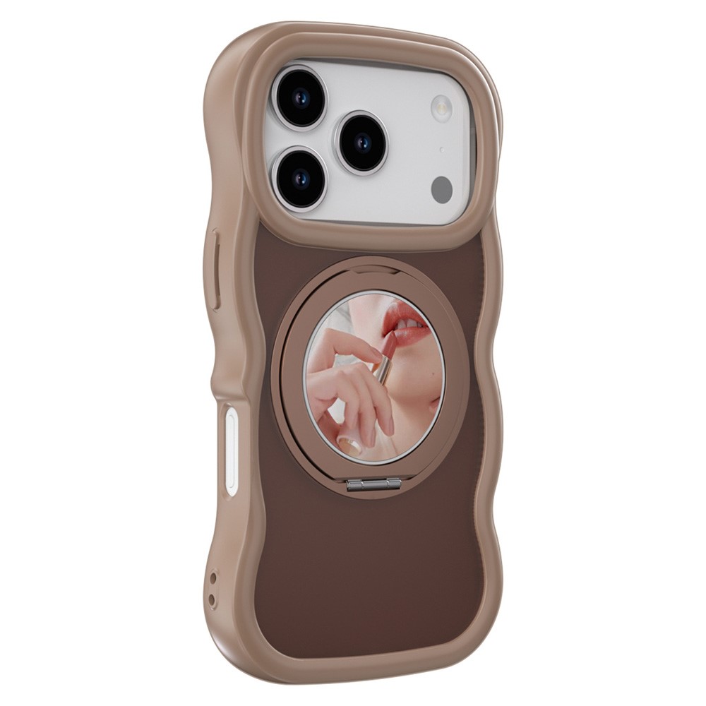 For iPhone 17 Pro Max Magnetic Case Wave Edge TPU + Acrylic Phone Cover with Mirror Kickstand - Brown