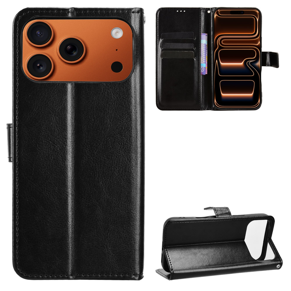 For iPhone 17 Pro PU Leather Case with Strap Crazy Horse Texture Phone Wallet Cover - Black