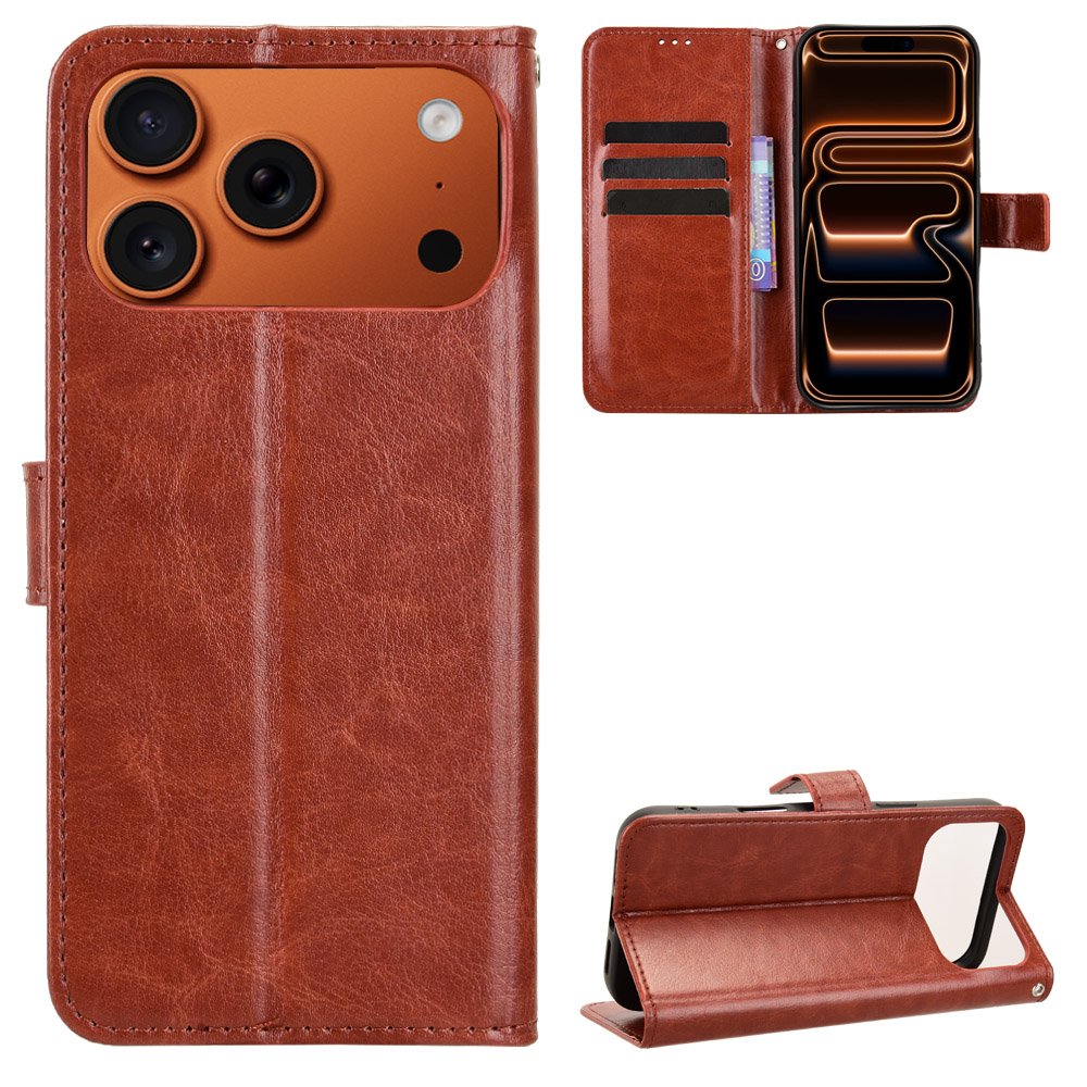 For iPhone 17 Pro PU Leather Case with Strap Crazy Horse Texture Phone Wallet Cover - Brown