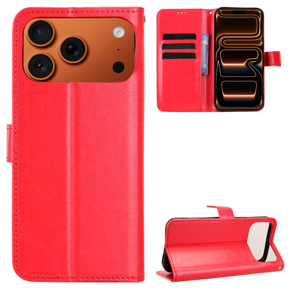 For iPhone 17 Pro PU Leather Case with Strap Crazy Horse Texture Phone Wallet Cover - Red