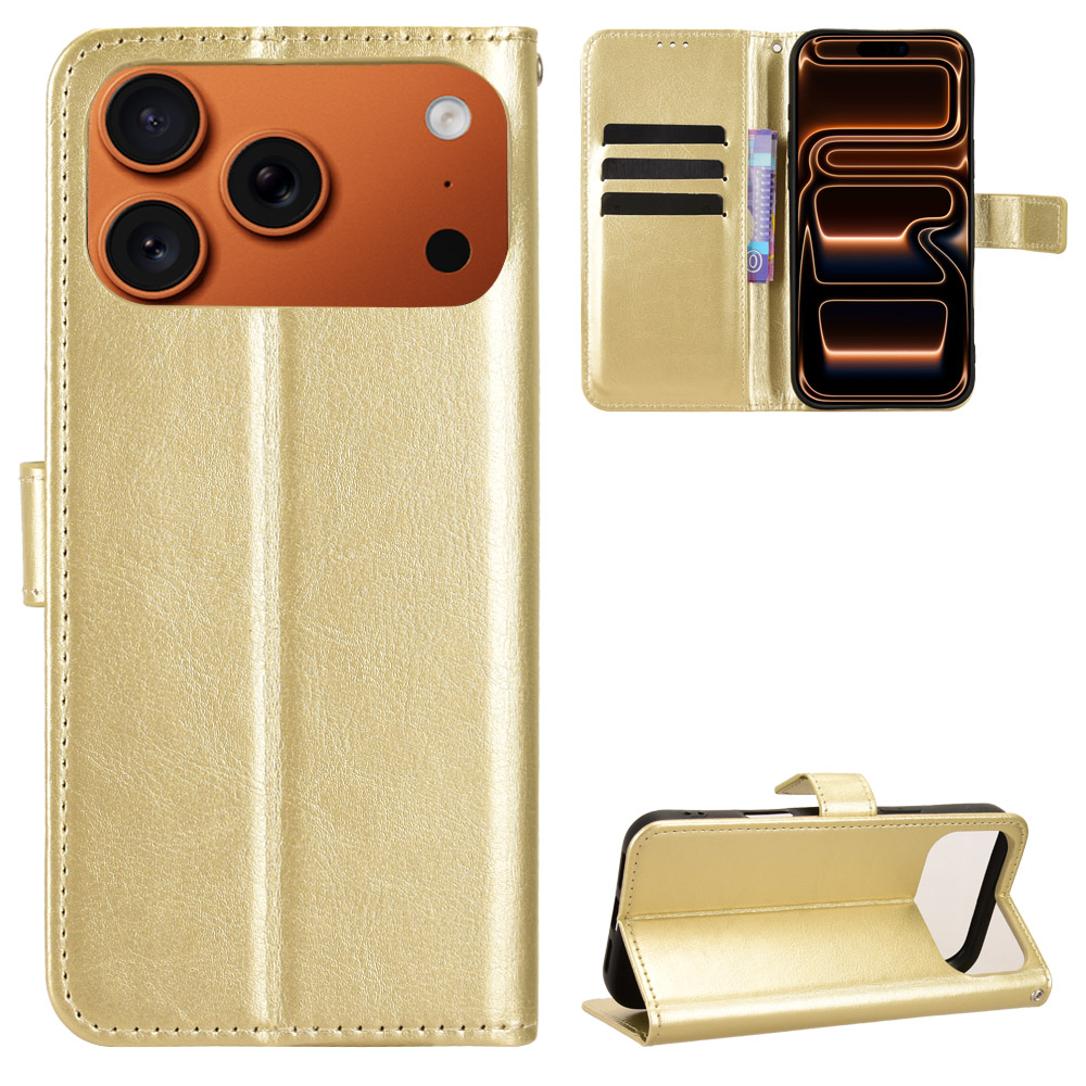 For iPhone 17 Pro Max PU Leather Case with Strap Crazy Horse Texture Phone Wallet Cover - Gold