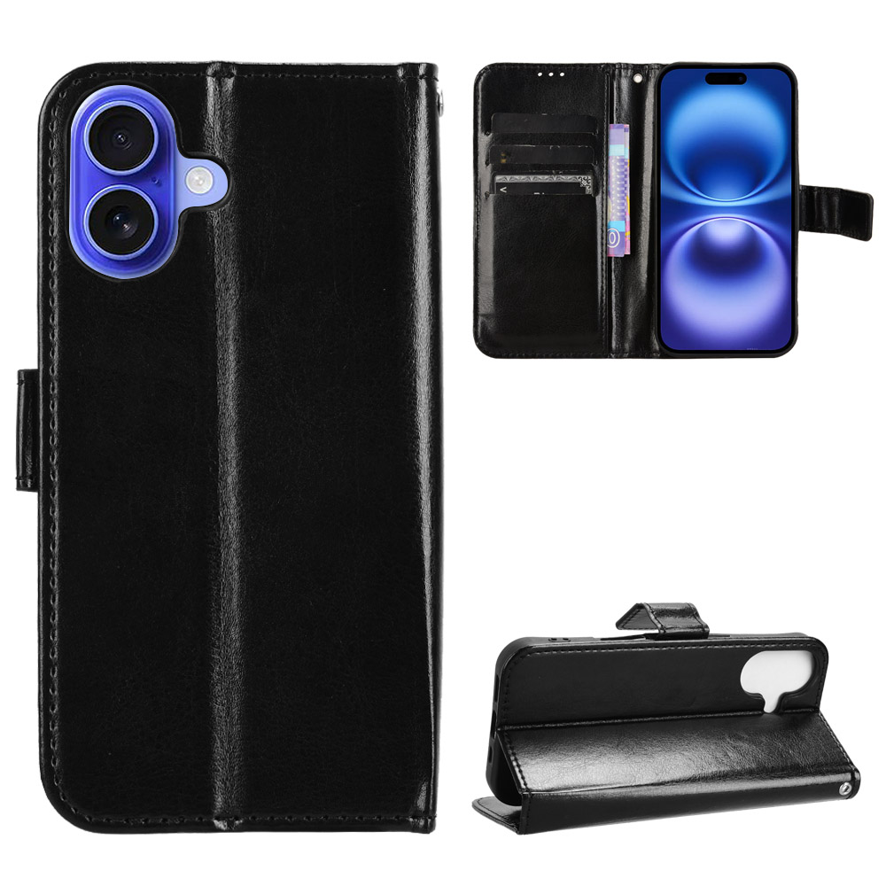 For iPhone 17 PU Leather Case with Strap Crazy Horse Texture Phone Wallet Cover - Black
