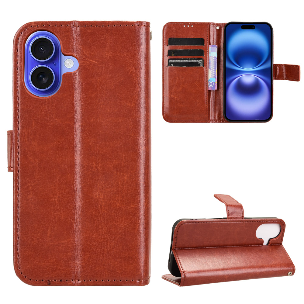 For iPhone 17 PU Leather Case with Strap Crazy Horse Texture Phone Wallet Cover - Brown