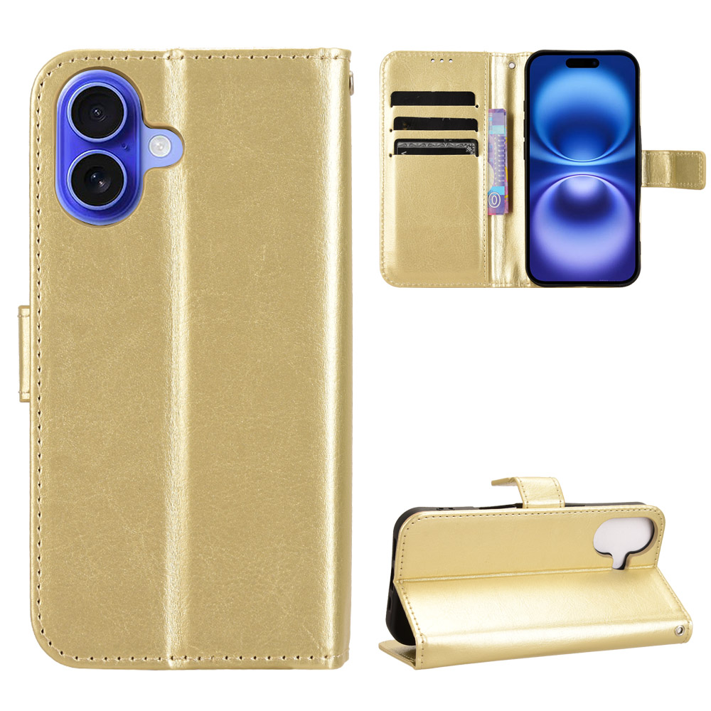 For iPhone 17 PU Leather Case with Strap Crazy Horse Texture Phone Wallet Cover - Gold