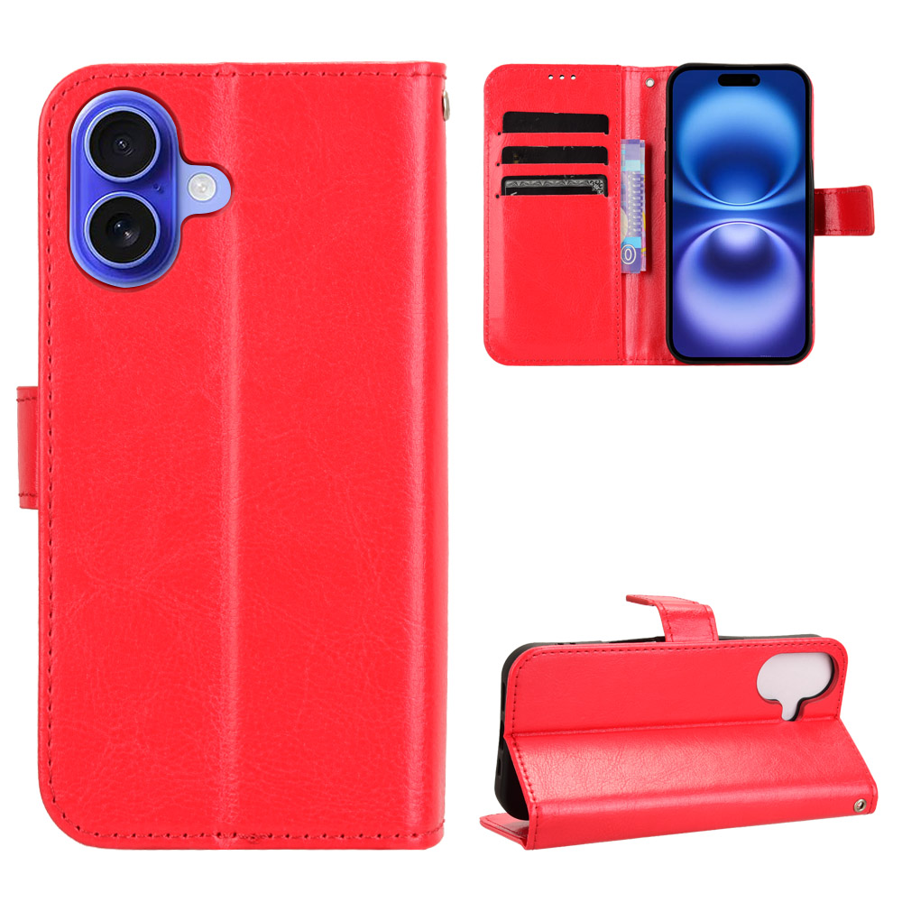 For iPhone 17 PU Leather Case with Strap Crazy Horse Texture Phone Wallet Cover - Red
