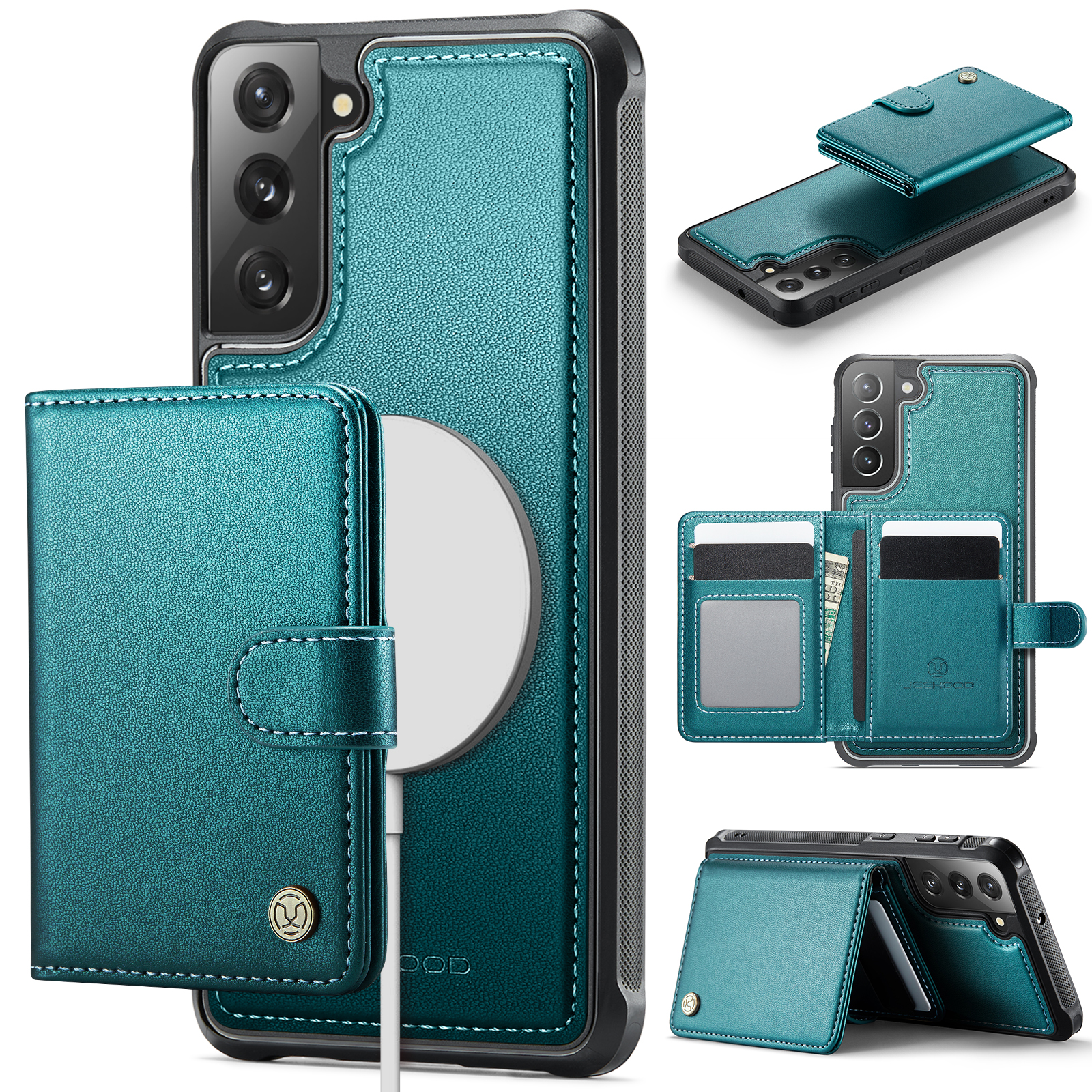 JEEHOOD For Samsung Galaxy S22 5G Case J09 RFID Blocking Card Holder Leather Back Phone Cover Magnetic Case - Green